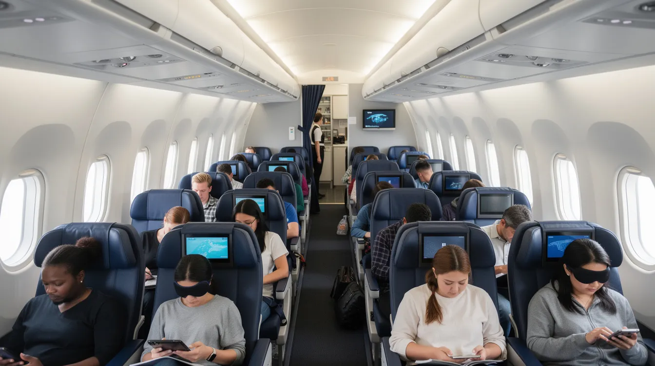 The image depicts the interior of a packed narrow-body aircraft cabin, featuring rows of economy seats arranged in a 3-3 configuration, with passengers seated and personal devices in use. This scene highlights the efficient use of cabin space typical in commercial aviation, such as on a Boeing 737, which is known for its fuel efficiency and seating capacity.