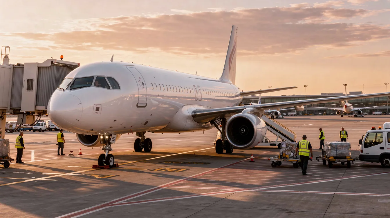 A modern narrow-body commercial jet, resembling a Boeing 737, is parked at an airport gate during the golden hour, with warm light illuminating the aircraft's sculpted sidewalls. Ground crew members are visible, attending to the plane, which is designed for fuel efficiency and passenger comfort in commercial aviation.