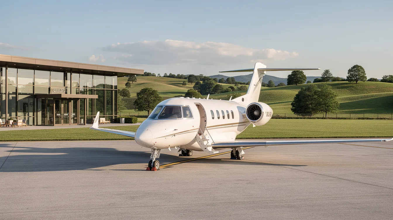 A small private jet is parked on the tarmac at a private aviation terminal, with a lush green landscape in the background. This modern aircraft offers enhanced passenger comfort and fuel efficiency, making it ideal for corporate travel.