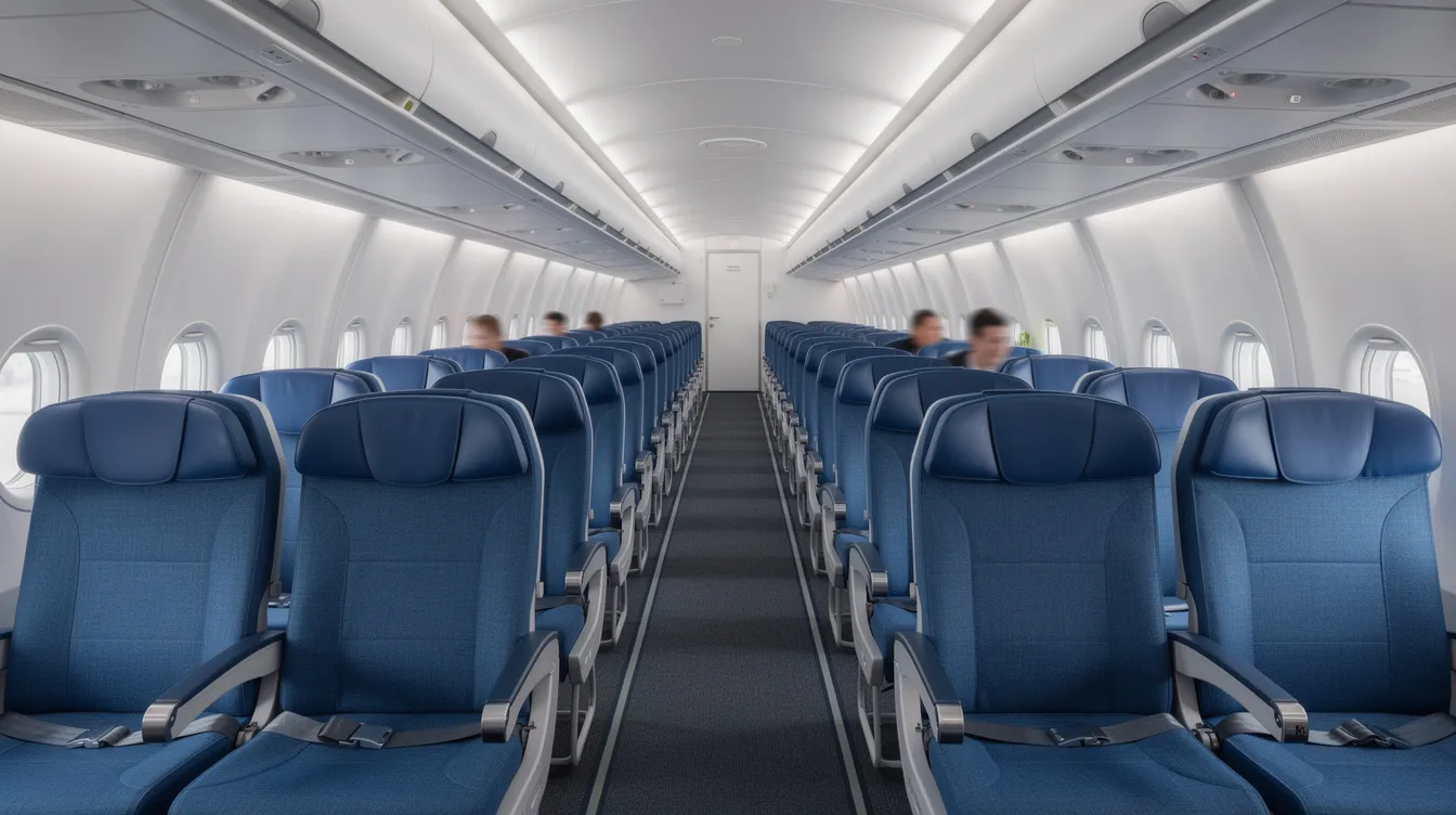 The image depicts the interior of a commercial airplane cabin featuring rows of blue economy seats, designed for passenger comfort and efficiency, extending toward the back. The layout suggests a focus on maximizing cabin space and seating capacity, typical of modern Boeing aircraft like the Boeing 737.