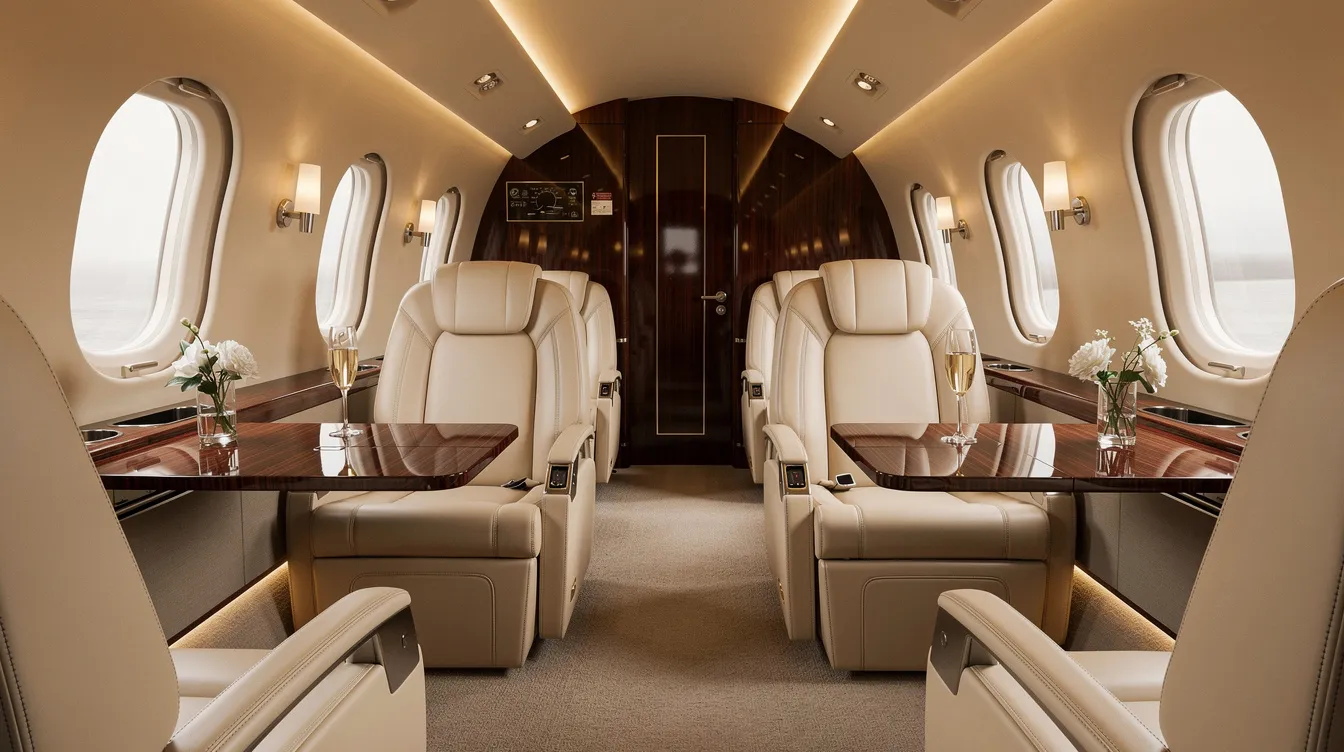 The image depicts a luxurious private jet cabin featuring cream leather seats, elegant wood grain tables, and warm ambient lighting, designed for maximum passenger comfort. This sophisticated space illustrates the modern amenities and aesthetic appeal found in high-end aircraft interiors.
