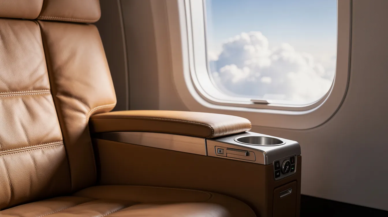 A close-up view of a premium aircraft leather seat in the first class cabin, featuring a wide armrest and a window showcasing fluffy clouds outside. This image highlights the comfort and luxury of first class seats, emphasizing their spacious design and inviting atmosphere.