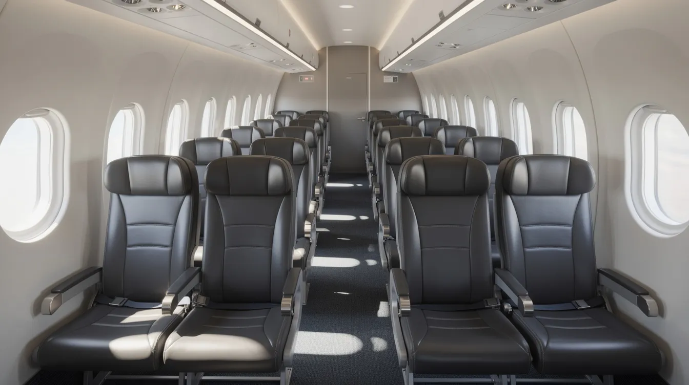 The image depicts the interior of an Embraer 175 regional jet cabin, showcasing rows of comfortable leather seats arranged in a 2-2 configuration, with natural light illuminating the space through oval windows. Overhead bins are visible, and the layout emphasizes the premium economy and first class seats, enhancing the overall passenger experience.