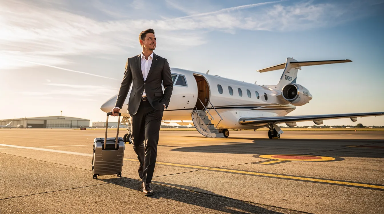 A business traveler in professional attire strides confidently toward a small private jet on a sunlit runway, embodying the essence of luxury air travel. The scene captures the allure of flying in comfort, reminiscent of first class seats and the premium features of an Embraer 175 aircraft.