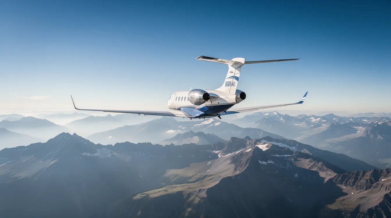 A small private jet is soaring over rugged mountainous terrain under a clear blue sky, showcasing the elegance of air travel in a serene environment. This aircraft type, often favored for its exclusivity, provides a luxurious experience for its passengers.