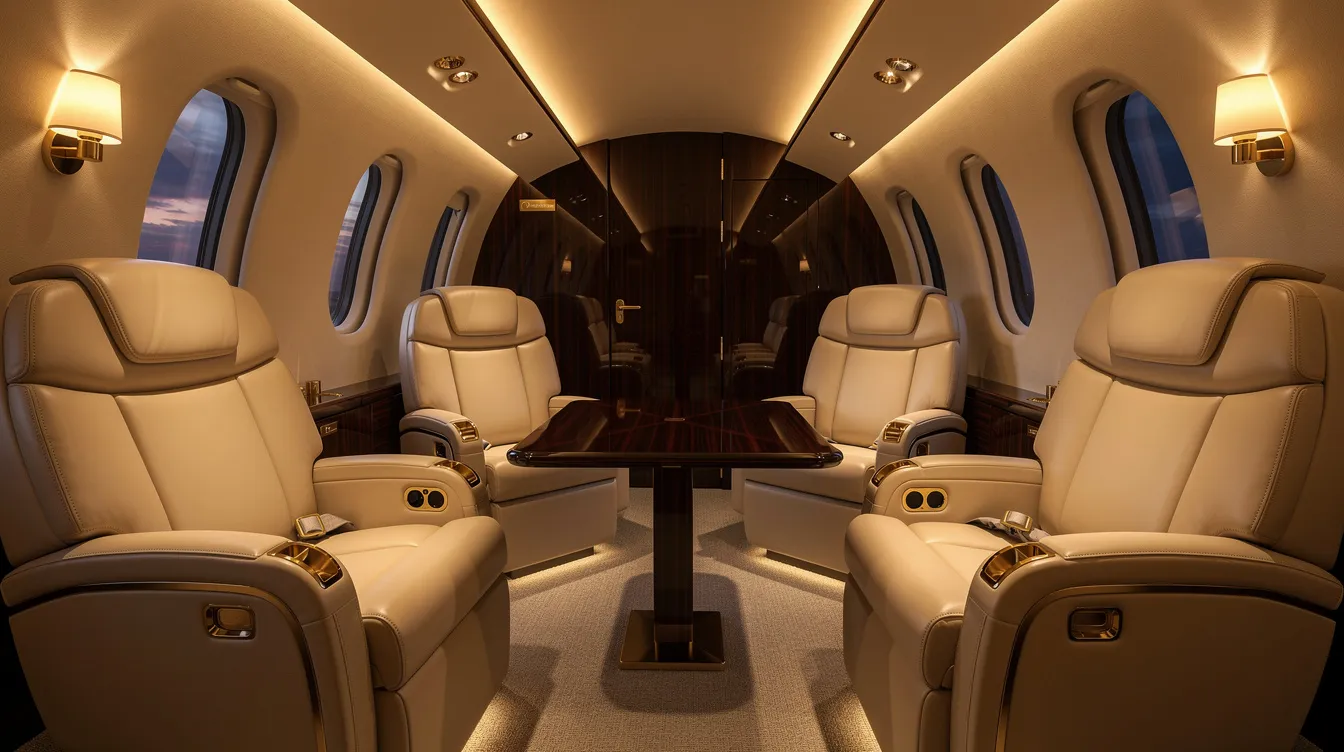The image depicts the interior of a luxury private jet cabin featuring plush leather seats arranged in a club configuration, complemented by warm ambient lighting, creating an inviting atmosphere for passengers. This elegant space is designed for comfort and exclusivity, distinguishing it from typical domestic flights and commercial flights.