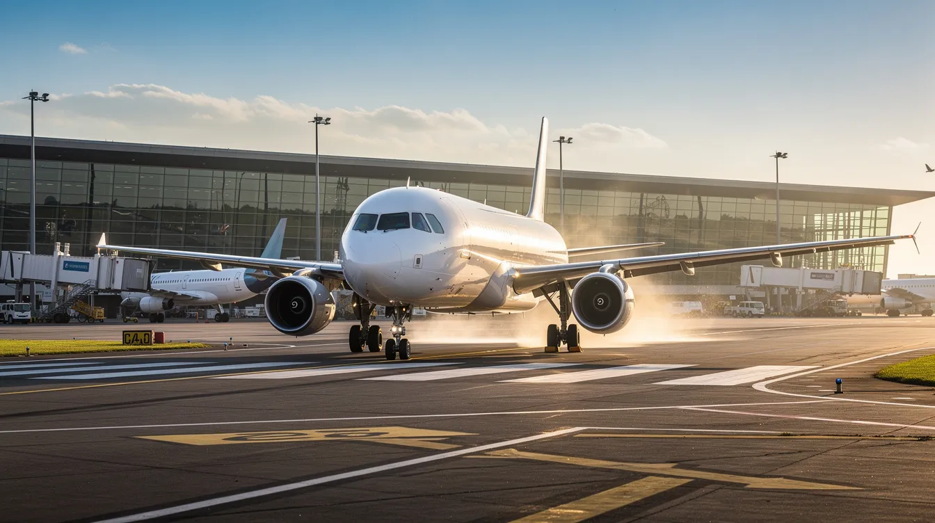 A narrow-body commercial airplane is taxiing on a runway, with terminal buildings visible in the background, indicating a busy airport environment. This aircraft is typically configured for domestic flights, accommodating a significant number of passengers with its economy class and possibly premium economy seating options.