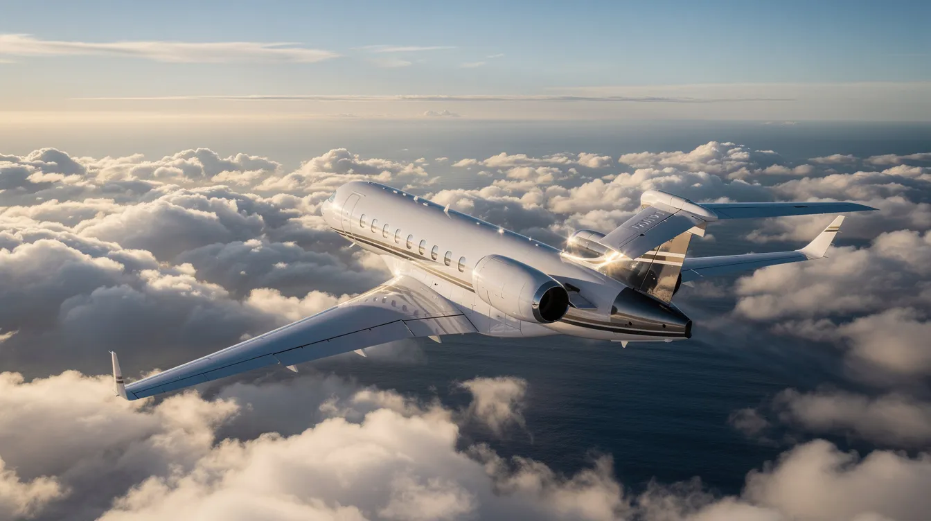 A sleek private jet soars above fluffy white clouds, casting a shadow over the deep blue ocean below, with sunlight sparkling off its wing. This scene captures the essence of luxury air travel, ideal for those seeking unlimited flights and exclusive access to international destinations.