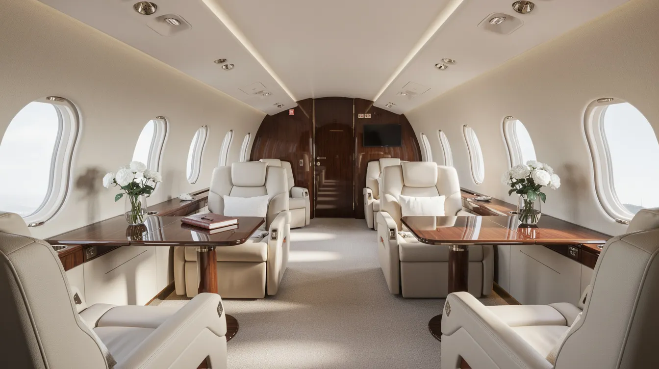 The image depicts the luxurious interior of a spacious private jet cabin, featuring elegant cream leather seats and polished wood accents, with natural light flooding in through oval windows. This setting embodies the ultimate in comfort and style for elite travelers seeking unlimited flights and exceptional air travel experiences.
