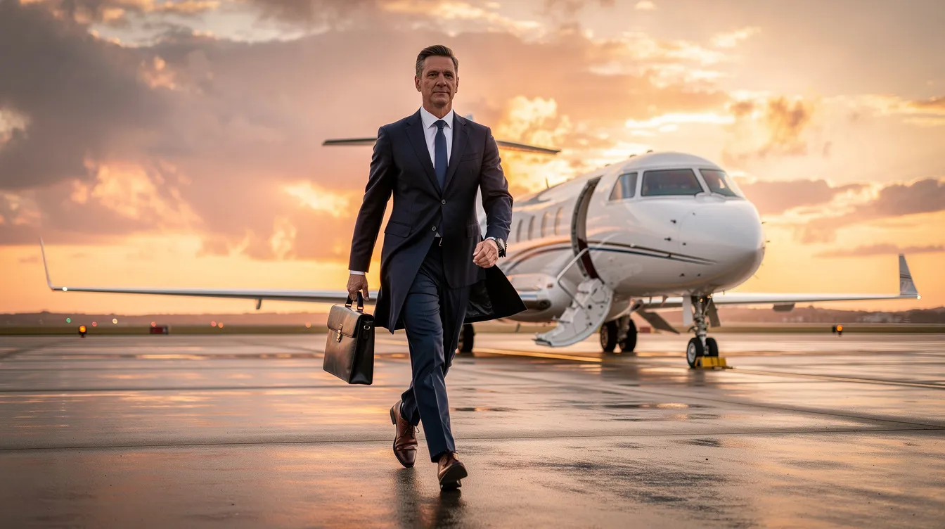 An executive strides confidently across a private tarmac towards a waiting jet, with a vibrant sunset sky illuminating the scene. This image evokes the luxury of private flights, highlighting the allure of international travel and the convenience of fixed monthly fees for elite status benefits.
