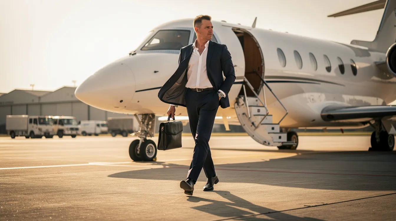 An executive confidently walks across the private airport tarmac toward a waiting midsize jet, ready for airport travel. The scene captures the essence of luxury and efficiency, highlighting the importance of scheduled pickup time for a seamless flight experience.