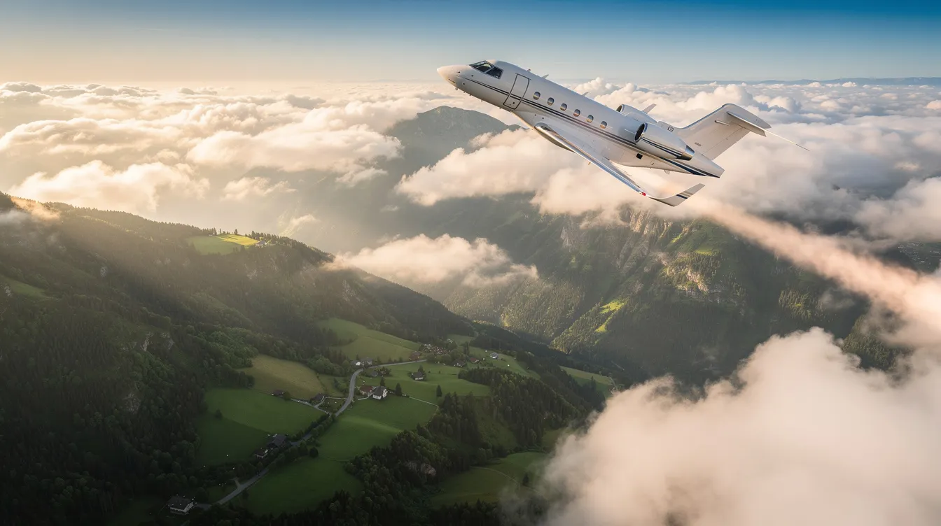 A sleek private jet ascends through fluffy white clouds, soaring above a lush green mountain landscape, symbolizing luxury and adventure in air travel. This image evokes the ease of booking a flight with services like Uber for flight, highlighting the seamless connection between ground transportation and air travel.