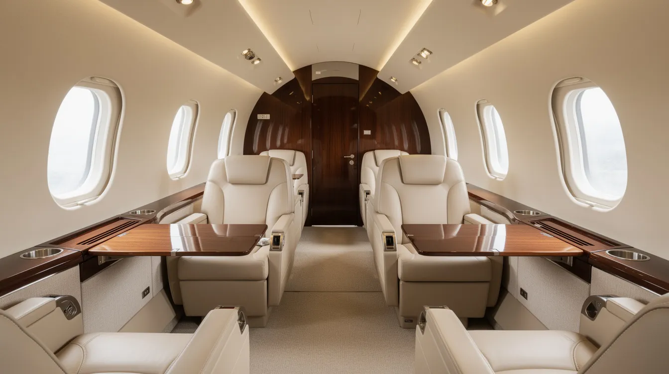 The image shows the luxurious interior of a large-cabin private jet, featuring cream leather seats and elegant polished wood accents, designed for comfort and style during private jet charter flights. This sophisticated setting reflects the premium experience offered by Miami private jet charters, ideal for travelers seeking a high-end aviation experience.