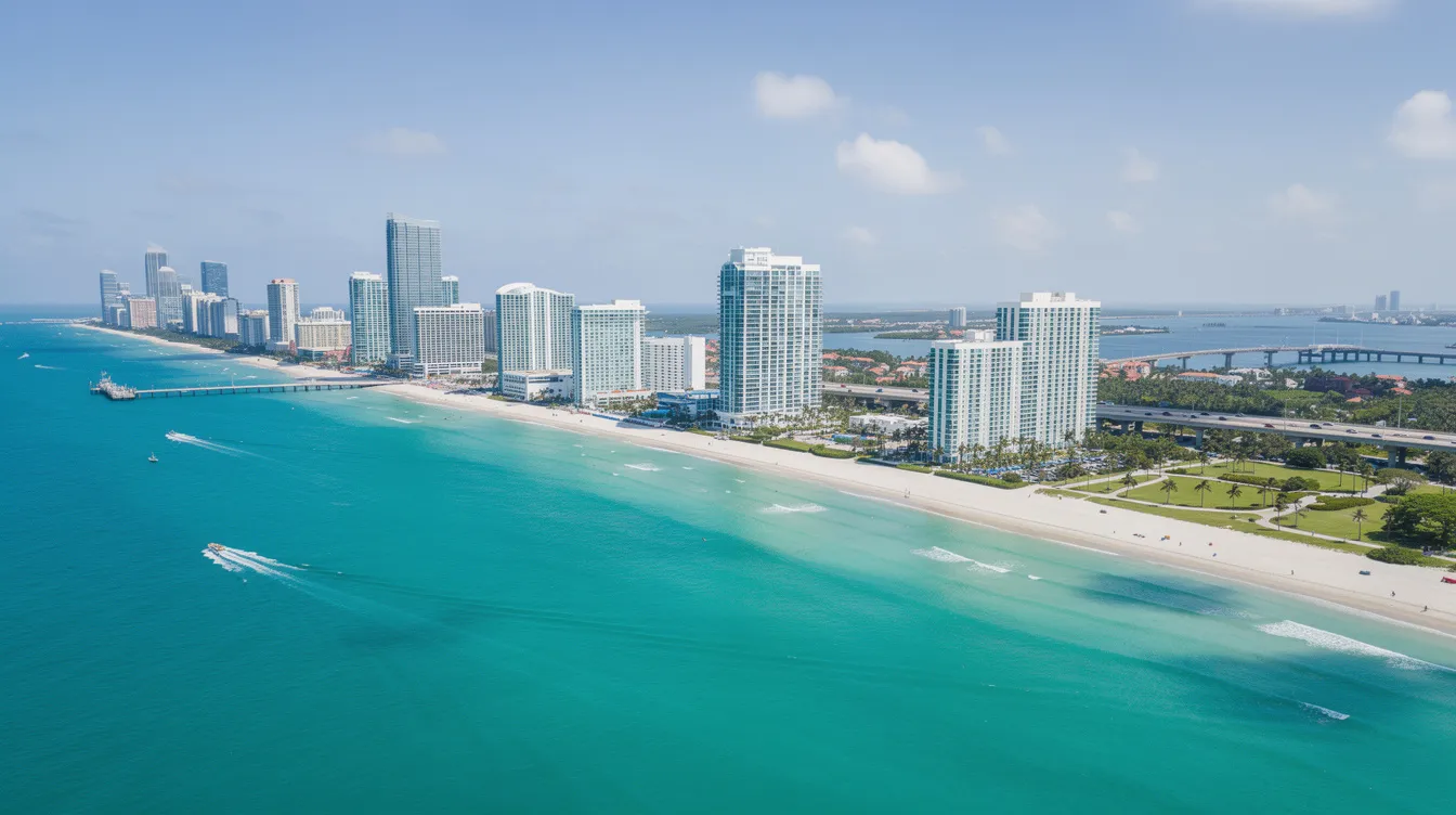 An aerial view showcases the stunning Miami skyline, featuring sleek waterfront skyscrapers against a backdrop of the turquoise Atlantic Ocean. This vibrant scene highlights the beauty of downtown Miami, a popular destination for private jet charters and luxury travel in South Florida.