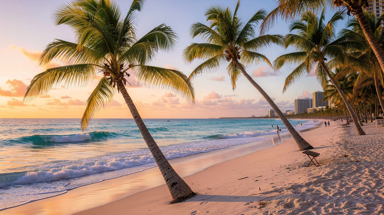 The image captures Miami Beach at golden hour, showcasing vibrant palm trees swaying against the backdrop of sparkling turquoise waters. This picturesque scene embodies the beauty of South Florida, making it a perfect destination for private jet charters to Miami.