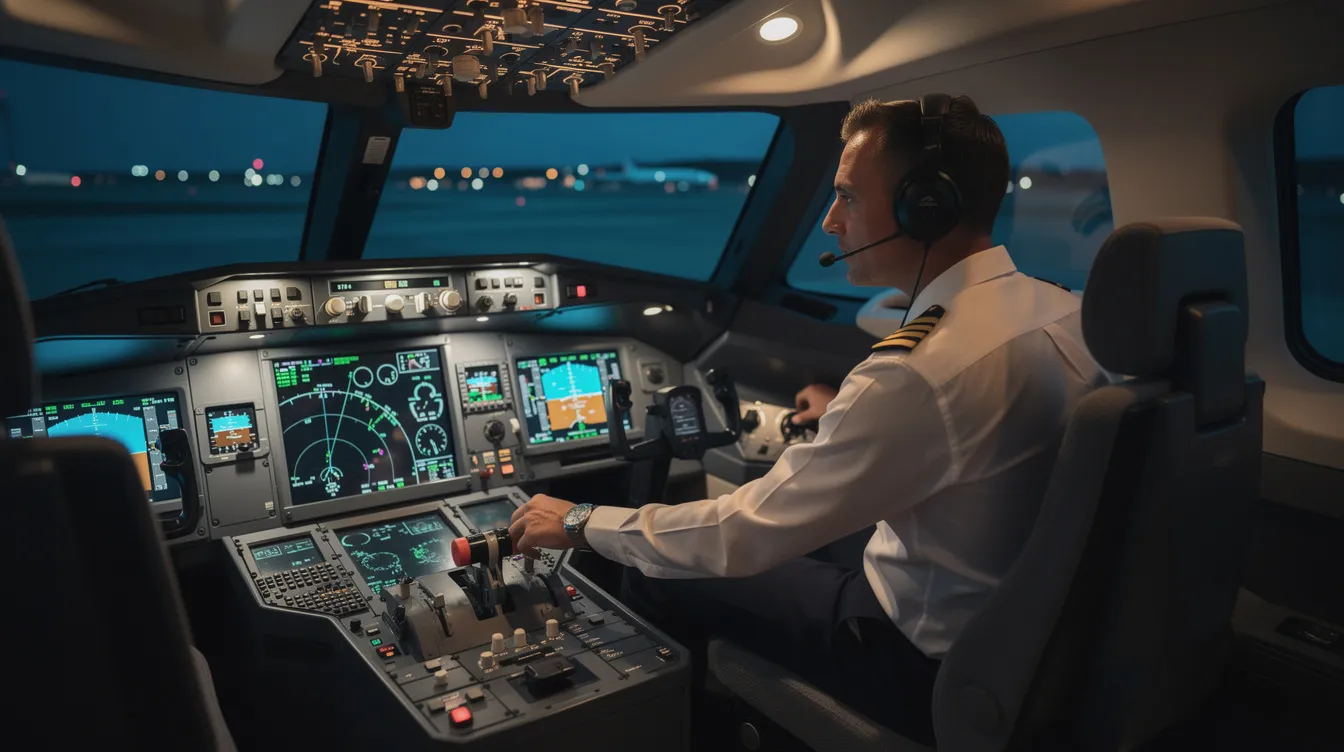 A professional pilot is conducting preflight checks inside the cockpit of a modern business jet, with various instruments illuminated, ensuring safety and efficiency before the flight. This scene highlights the meticulous attention to detail required by aviation experts in the air charter industry.