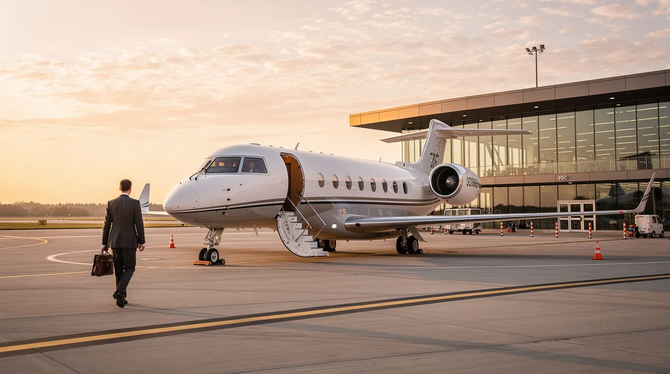 A sleek private jet is parked on the tarmac at a modern FBO terminal, with an executive confidently walking toward the aircraft stairs as the sun rises. This scene captures the essence of air charter travel, showcasing the luxury and efficiency that clients expect from certified aviation operators.