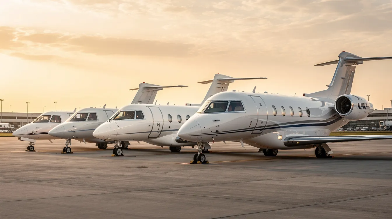 A lineup of various private jets, ranging from a very light jet to a large cabin aircraft, is parked side by side on an airport ramp, showcasing the diversity of options available for travelers seeking air charter services. This impressive fleet highlights the efficiency and safety standards upheld by aviation experts and charter operators in the industry.