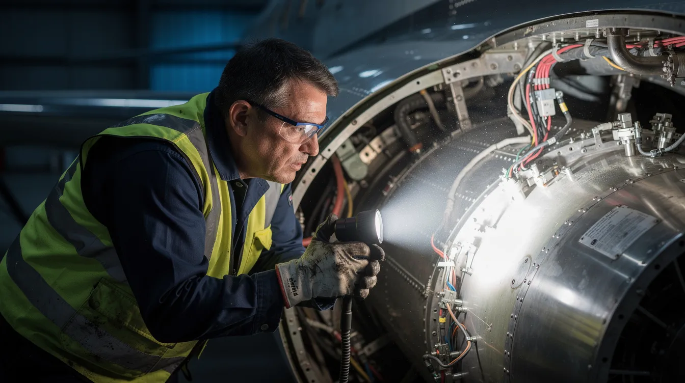 A mechanic is using a flashlight to carefully inspect the interior of an aircraft engine bay, ensuring the aircraft's condition meets safety standards for prospective buyers. This pre-purchase inspection is crucial for understanding the aircraft's performance specifications and potential maintenance costs.
