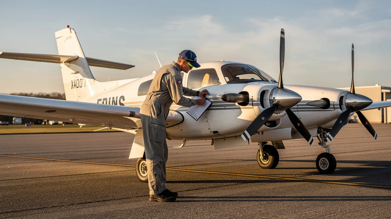 A pilot is conducting a thorough walk-around inspection of a small twin-engine aircraft on a bright morning, ensuring the aircraft's condition meets safety and operational standards before its next flight. This pre-purchase inspection is crucial for prospective buyers interested in aircraft ownership and understanding the aircraft's performance specifications.