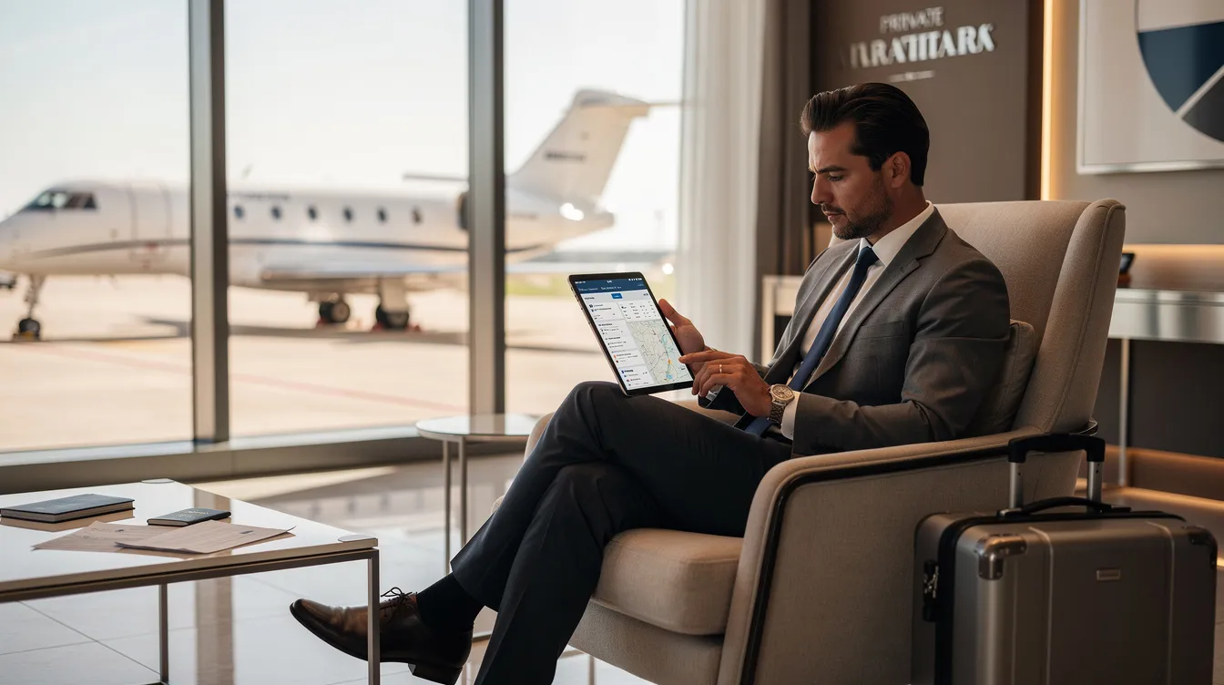 An executive is seated in a sleek, modern private aviation lounge, intently reviewing travel plans on a tablet, surrounded by elegant furnishings. The scene captures the essence of private jet financing, highlighting the importance of effective planning for aircraft ownership and travel arrangements.