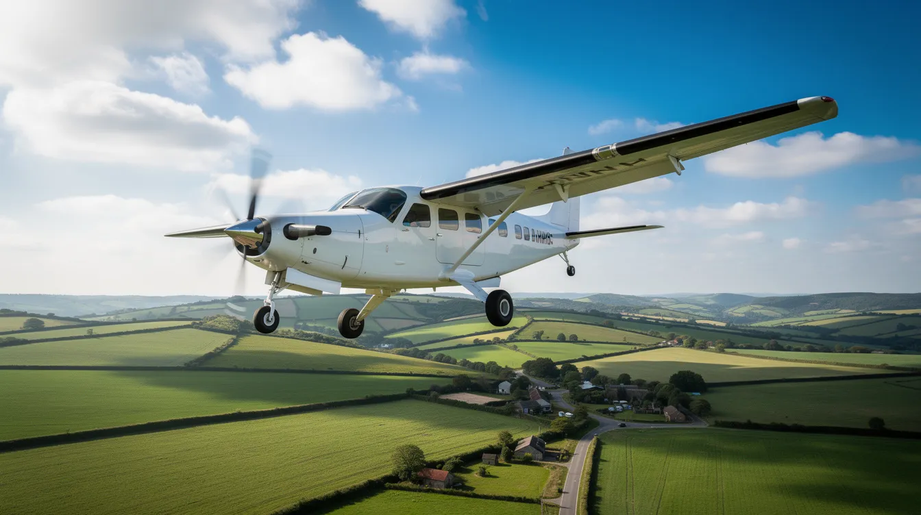 A single-engine turboprop aircraft is soaring over lush green countryside, with scattered clouds dotting the blue sky. This image illustrates the beauty of personal recreation flying, highlighting the appeal of small aircraft ownership and the associated costs such as maintenance and fuel expenses.