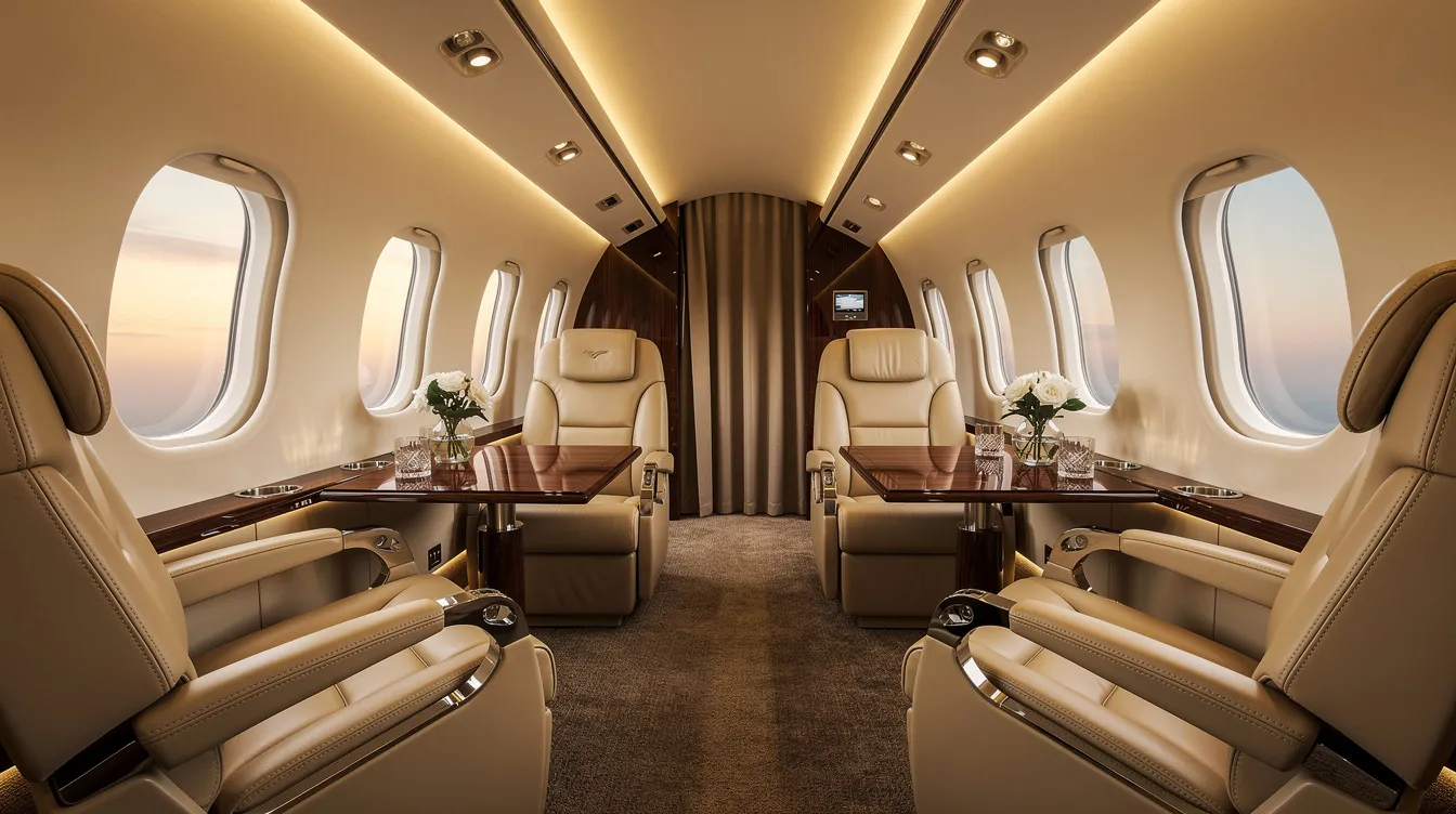 The image depicts the interior of a luxurious private jet cabin, featuring plush leather seats and warm ambient lighting that creates an inviting atmosphere. This elegant space highlights the comfort and sophistication associated with aircraft ownership, where potential buyers might consider various factors like purchase price and ongoing costs.