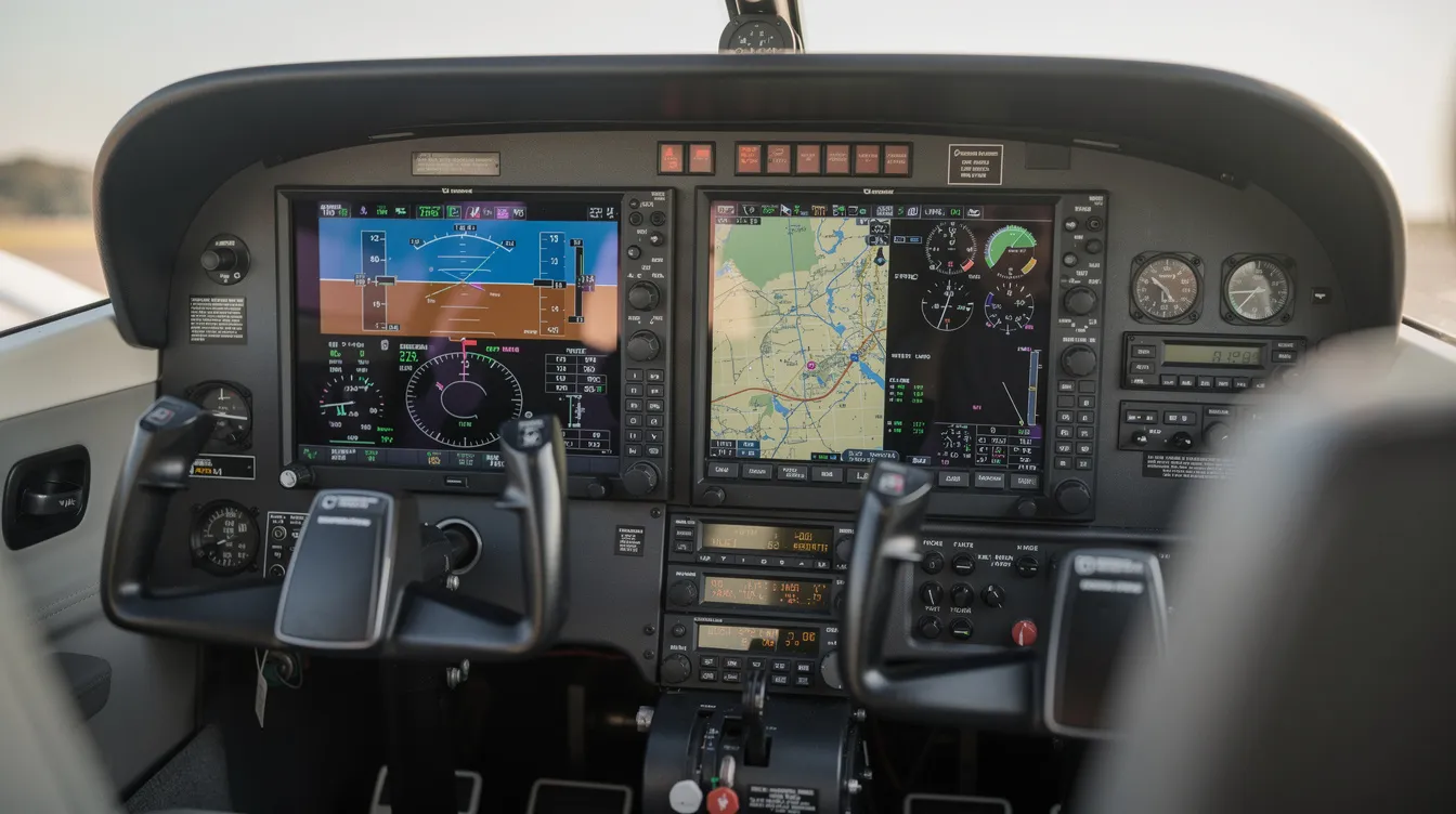 The image shows a close-up view of a modern glass cockpit instrument panel inside a small aircraft, featuring advanced avionics and digital displays that provide essential flight information. This cockpit design is crucial for aircraft owners to manage various operational costs and ensure efficient flying, particularly for those considering the purchase price and ongoing expenses of small planes.