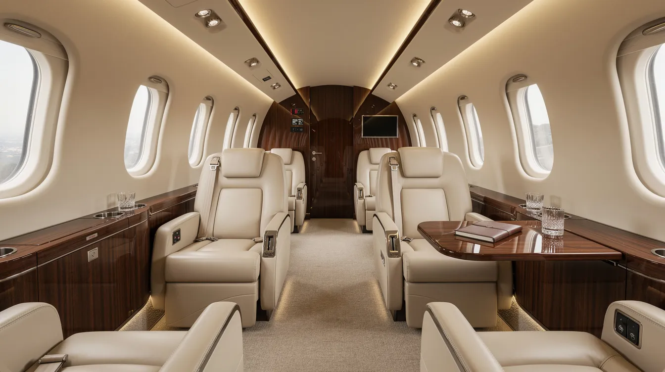 The image depicts the interior of a modern luxury private jet cabin, featuring wide leather seats, elegant wood-grain accents, and soft ambient lighting, creating a comfortable and upscale atmosphere for passengers. This luxurious setting is typical of aircraft designed for maximum capacity and special performance in aviation.