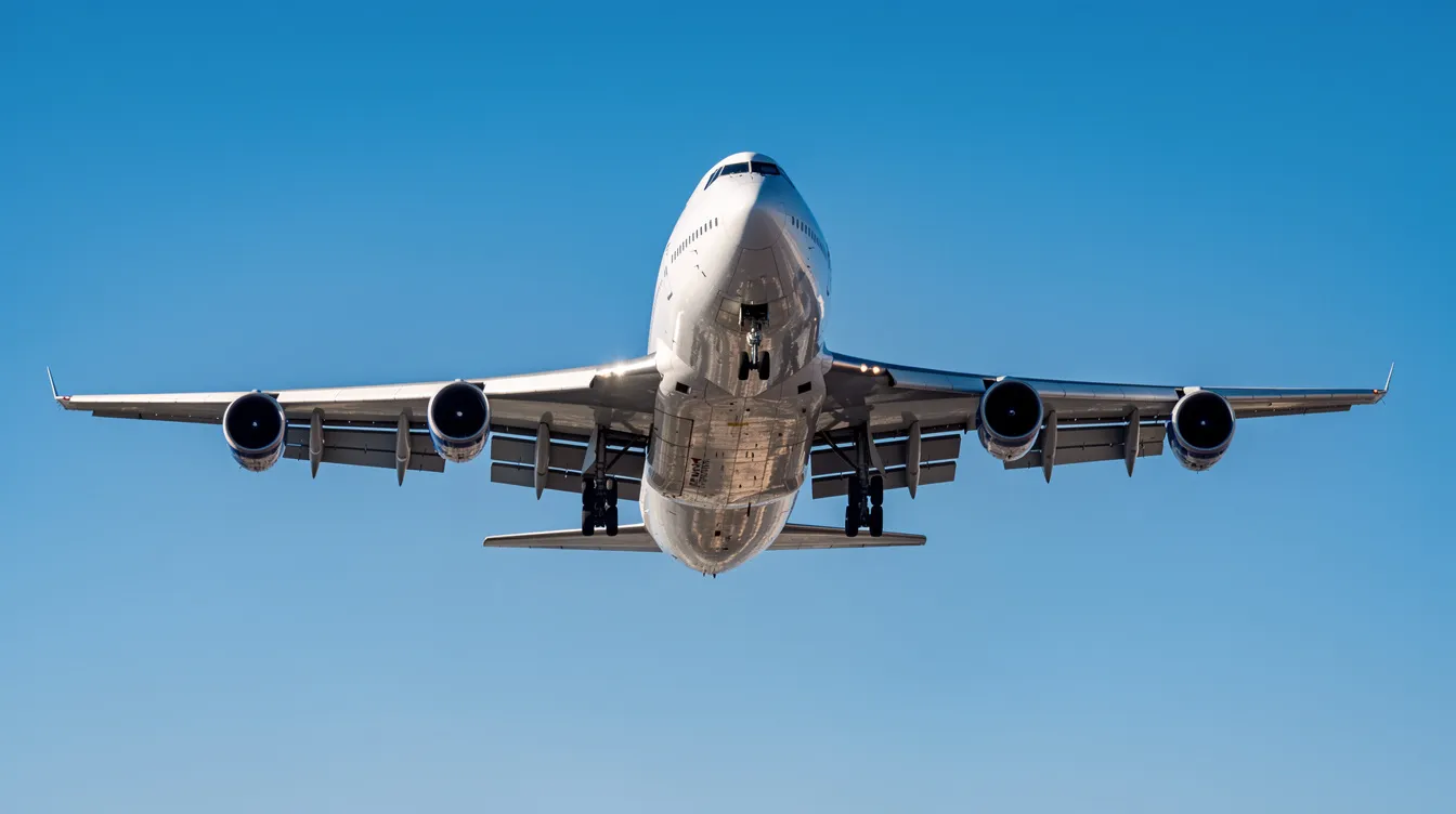 A Boeing 747 aircraft, often referred to as a jumbo jet, is soaring through a clear blue sky, showcasing its distinctive four engines and swept wings from a low angle. This image highlights the aircraft's impressive wingspan and powerful design, commonly used for both passenger and cargo services.