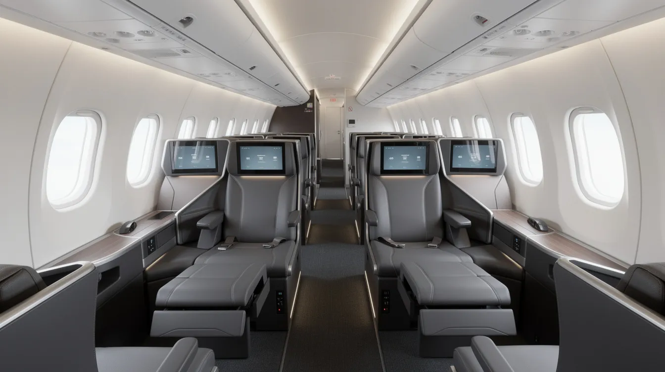 The image depicts the interior of a modern narrow-body aircraft cabin featuring lie-flat business class seats arranged in pairs on either side of the aisle, designed for comfort and privacy for business class passengers. The sleek and spacious layout emphasizes premium service, ensuring an exceptional travel experience for those on long-haul flights.