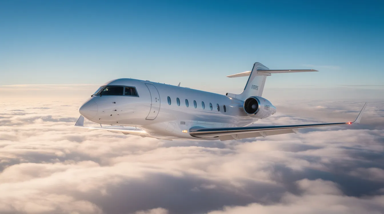 A sleek midsize private jet soars above a fluffy cloud layer, bathed in sunlight, with its fuselage reflecting the blue sky. This luxurious aircraft is designed for business class travelers, offering an exclusive flying experience with amenities such as lie flat seats and personalized service.