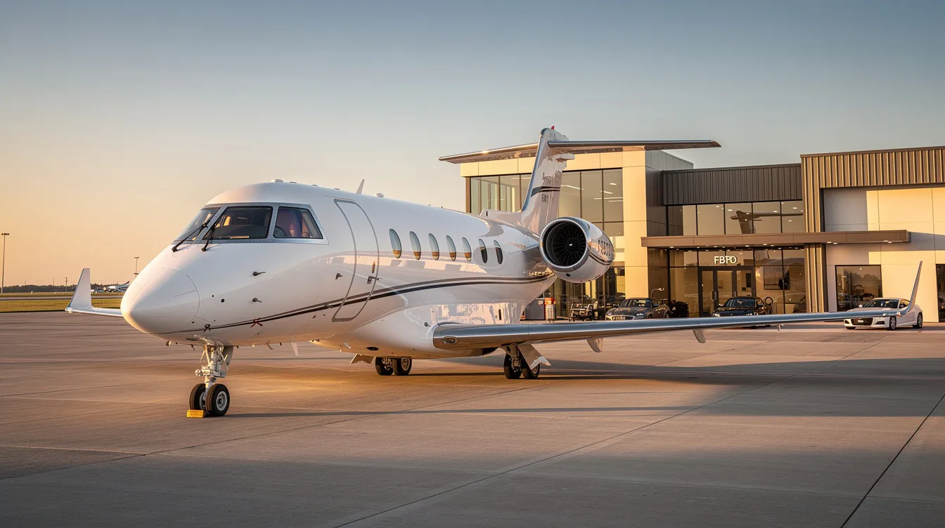 A private jet is parked on the tarmac of a small executive airport during golden hour, with a sleek FBO terminal visible in the background, highlighting the luxury often associated with business class travel. The scene captures the essence of high-end air travel, ideal for business class passengers seeking comfort and efficiency in their journeys.