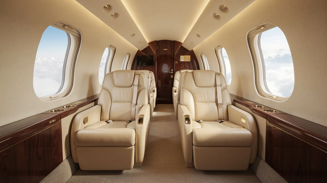 The image showcases the interior of a luxurious private jet cabin featuring cream leather club seating, warm ambient lighting, and large oval windows revealing a view of fluffy clouds outside. This spacious business class cabin is designed for business travelers seeking comfort and elegance during their flights.