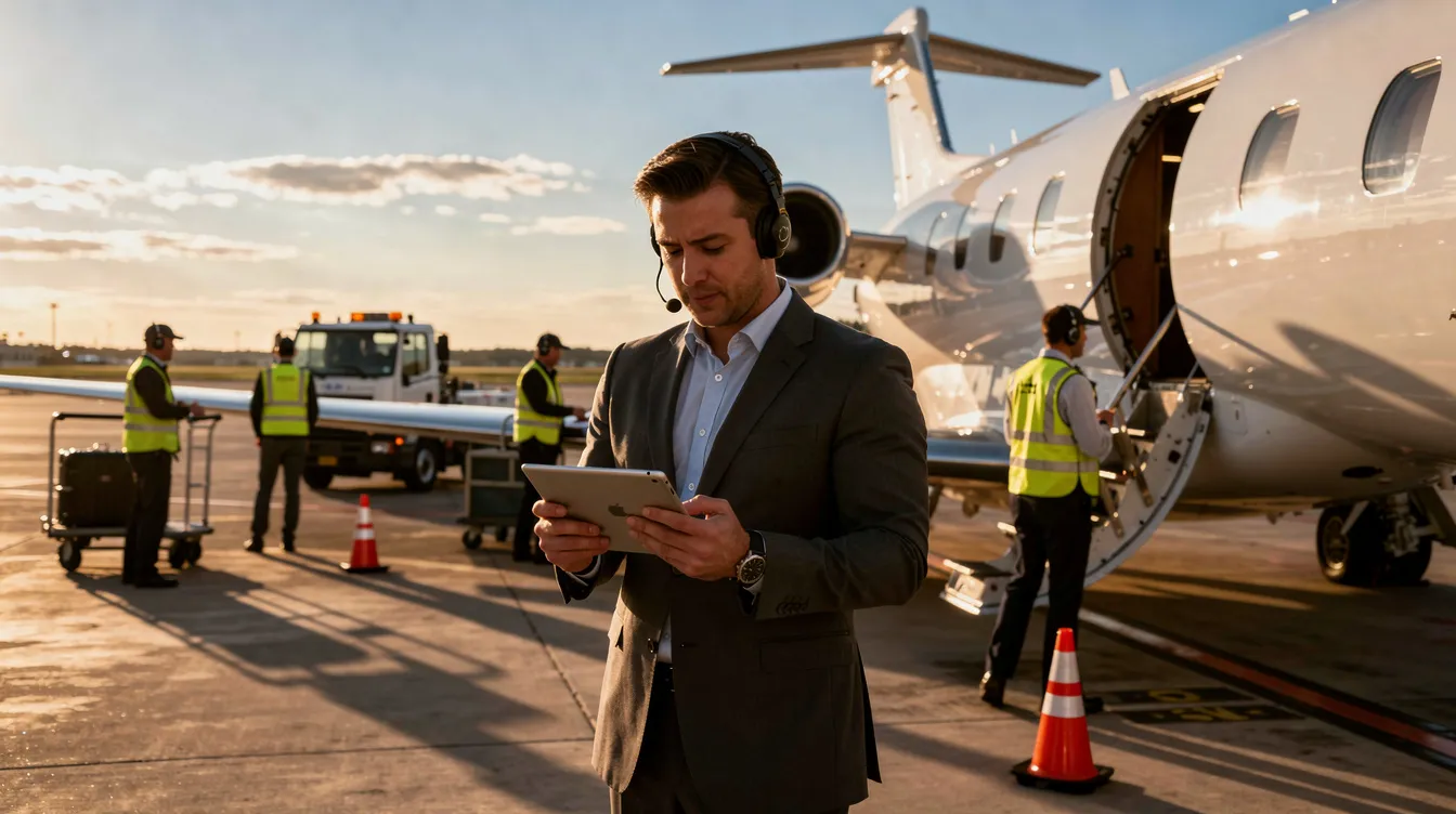A person is reviewing a tablet while seated next to a private jet on a sunlit tarmac, with ground crew in the background preparing the aircraft for business class travelers. The scene captures the essence of luxury air travel, highlighting the convenience and personalized service expected by business class passengers.