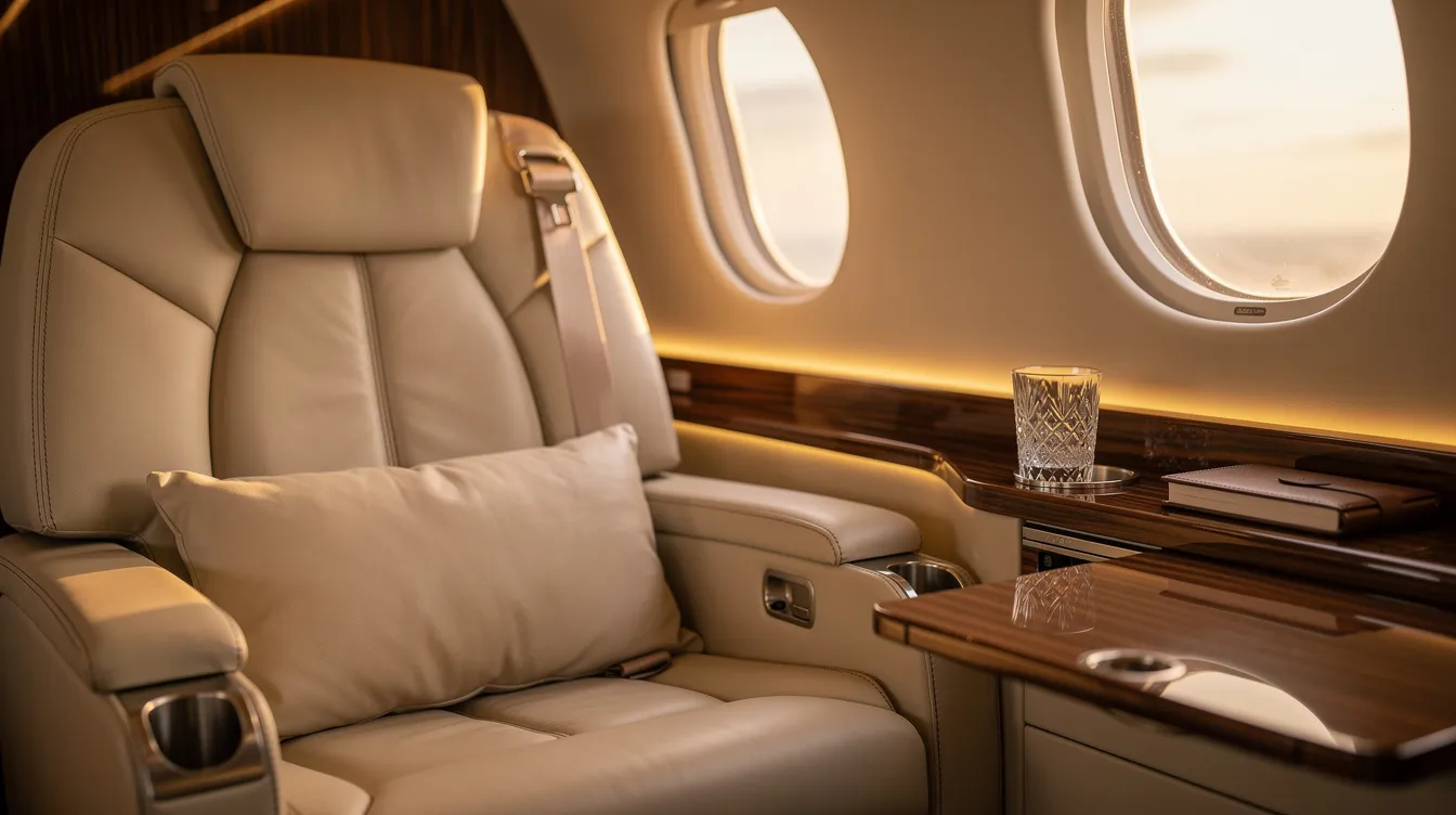 The image features a luxurious private jet cabin interior, showcasing plush leather seating, expansive windows, and inviting warm ambient lighting, creating a premium travel experience. This elegant space exemplifies the comfort and style often associated with the best business class offerings in aviation.