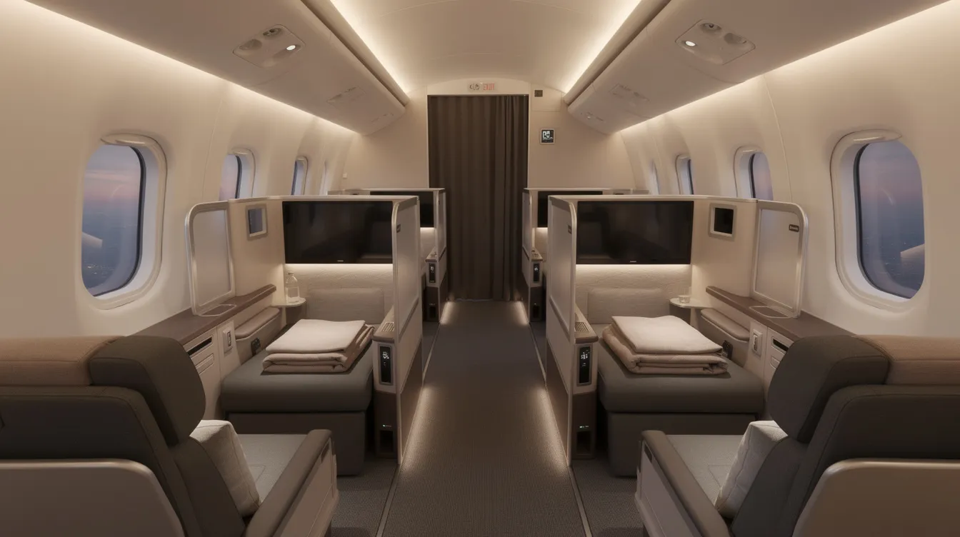 The image depicts the interior of a modern business class cabin featuring lie-flat suite seats with privacy doors, illuminated by soft ambient lighting, creating an inviting atmosphere for travelers seeking the best business class experience on long haul flights. The luxurious design emphasizes comfort and privacy, making it a game changer for premium travel in the world of airlines.