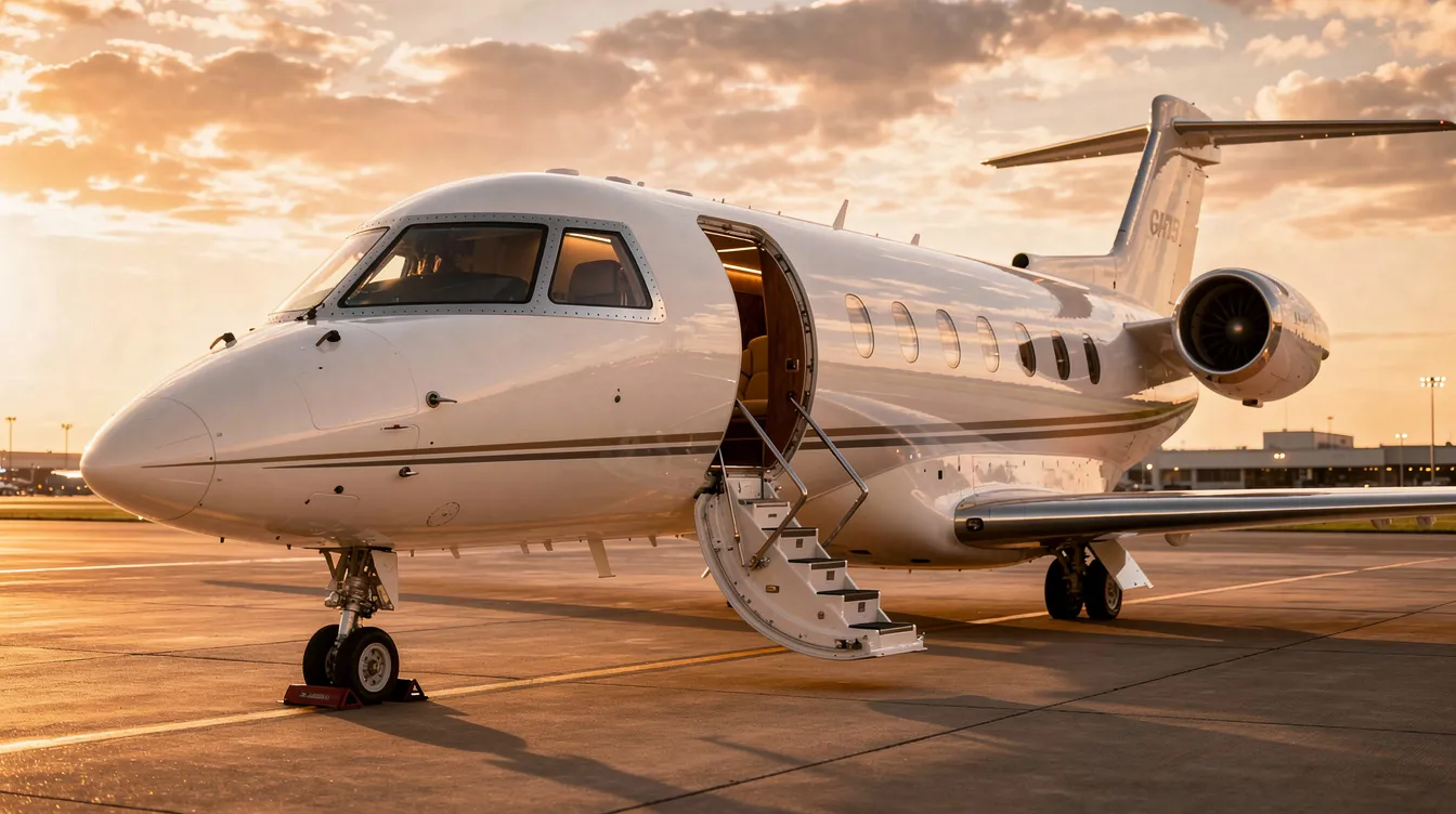 A sleek private jet sits on the tarmac during golden hour, with its cabin door open and steps extended, inviting travelers to experience luxury travel at its finest. This private aircraft represents the epitome of premium travel, offering a business class experience that is a game changer for long haul flights.