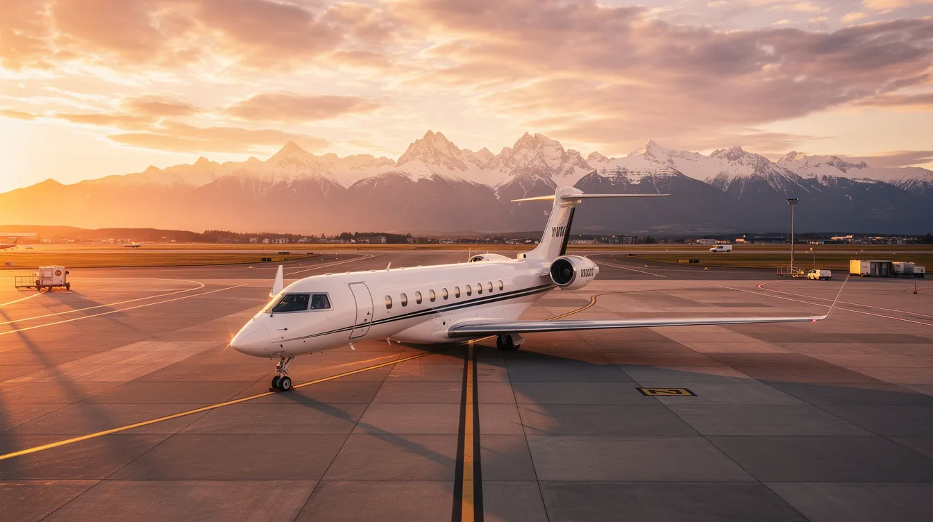 A private jet is parked on the tarmac at sunset, with stunning mountains in the background, showcasing the luxury of premium air travel. The scene captures the essence of exclusive business class experiences, highlighting the elegance and comfort associated with private aviation.