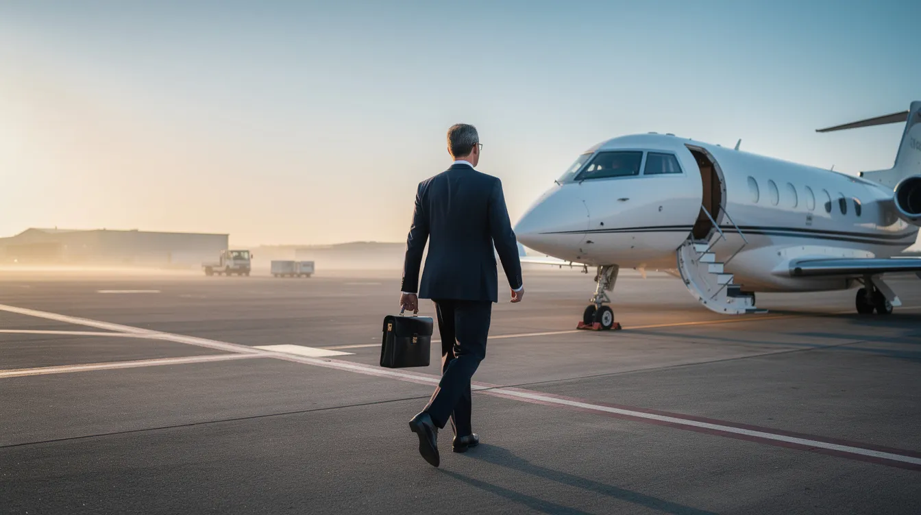 An executive is walking toward a private jet on an airport ramp, illuminated by the soft light of early morning. This scene captures the essence of premium air travel, highlighting the exclusivity and elegance associated with business class experiences.