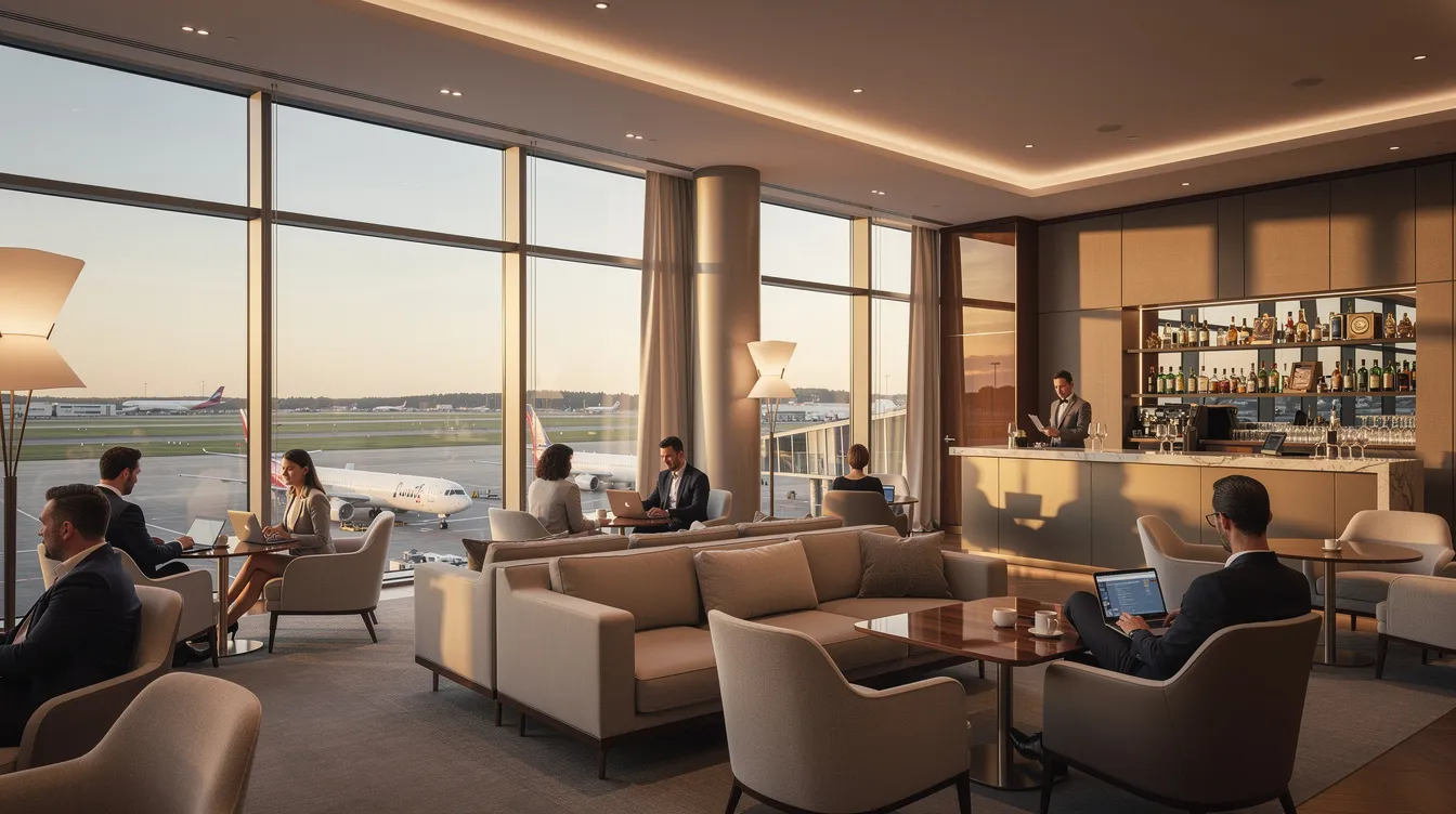The image depicts an elegant business class lounge interior featuring contemporary furniture and panoramic windows overlooking the airport, creating a spacious and inviting atmosphere for travelers seeking a premium experience before their long haul flights.