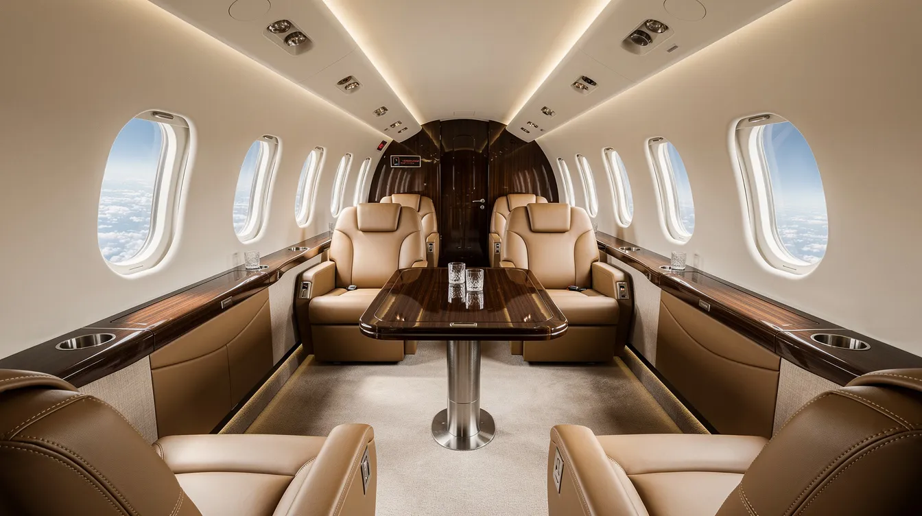The image depicts the luxurious interior of a private jet cabin, featuring plush leather club seating arranged for comfort, alongside large windows that offer expansive views. This spacious setting contrasts with typical economy class seating, providing an exclusive travel experience with ample personal space and comfort.