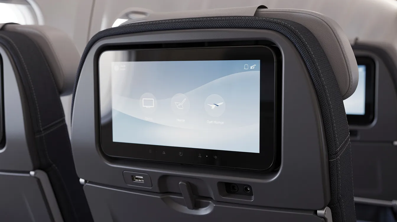 The image features a close-up view of a modern airplane seat, showcasing a seatback entertainment screen and an adjustable headrest, indicating the comfort of economy class seating. This design highlights the importance of personal space and legroom in the economy cabin, making it an appealing option for travelers on long haul flights.