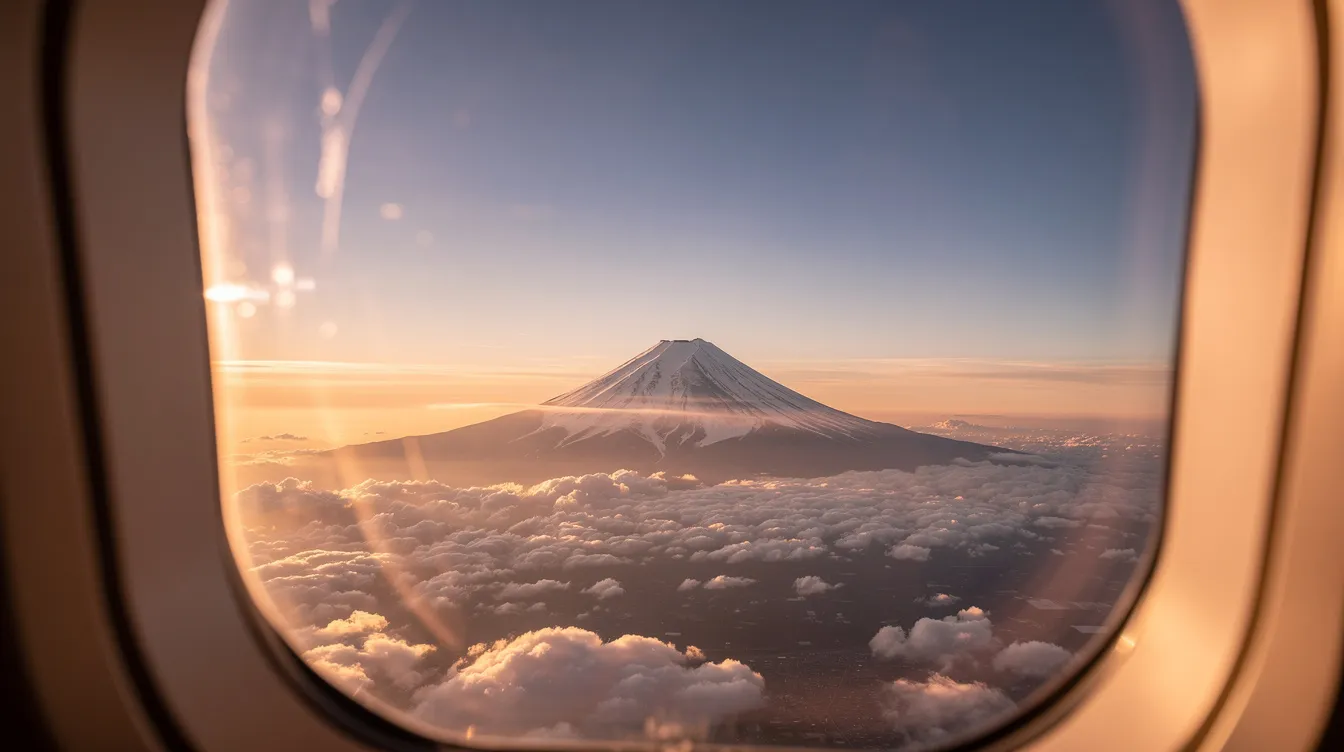 An aerial view of Mount Fuji is captured from an airplane window during golden hour, with soft clouds blanketing the landscape below. This stunning scene showcases the beauty of Japan, perfect for travelers seeking first class flights to Japan for an unforgettable journey.