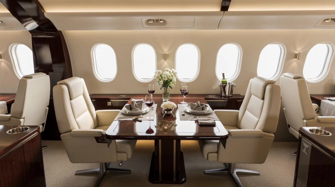 The image features an elegant private jet cabin interior, showcasing a beautifully set dining table with fine dishes and wine glasses, emphasizing the luxurious first class experience. This sophisticated space highlights premium seating and a refined atmosphere, perfect for travelers seeking comfort on their journey to Japan.