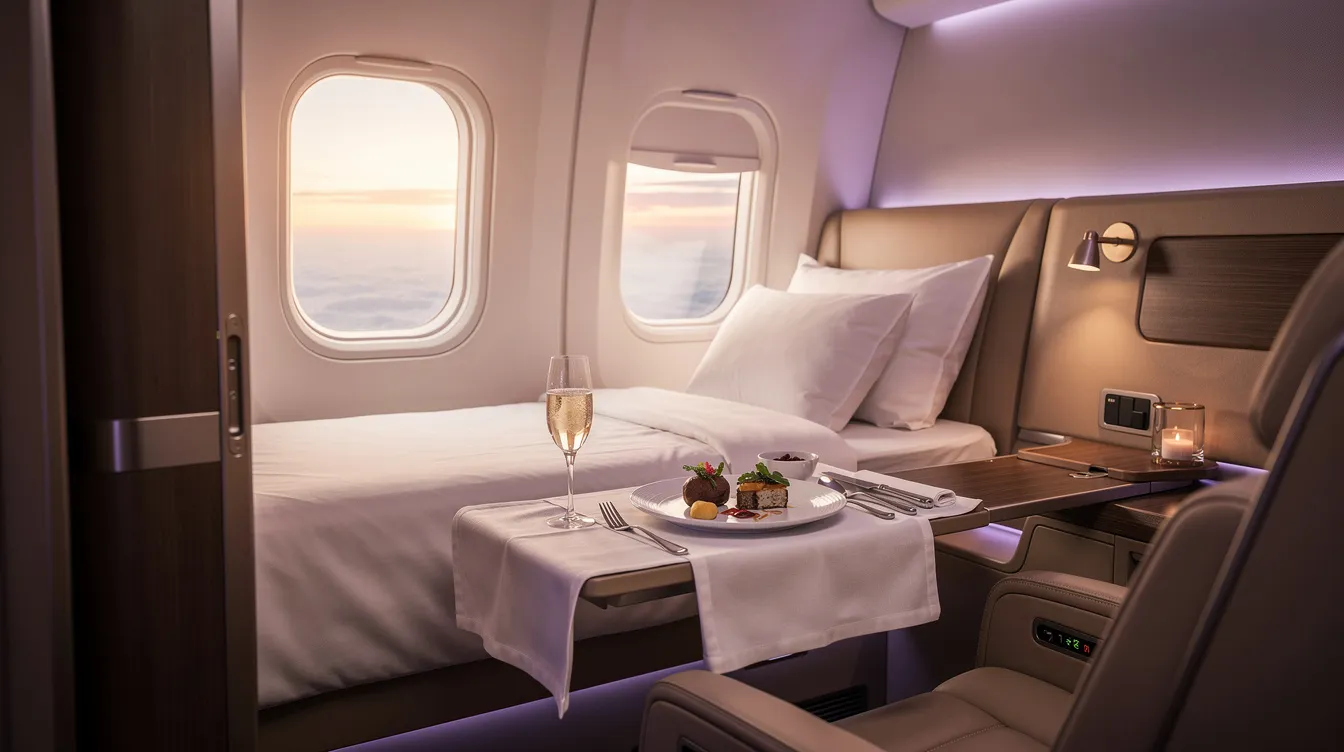 The image depicts a luxurious first class flight suite featuring ambient lighting, a lie-flat bed, and an elegant tray of fine dining that includes gourmet dishes and fine wines, offering passengers a premium travel experience. This opulent setting highlights the comfort and exclusivity of first class tickets, ideal for a journey to Japan.