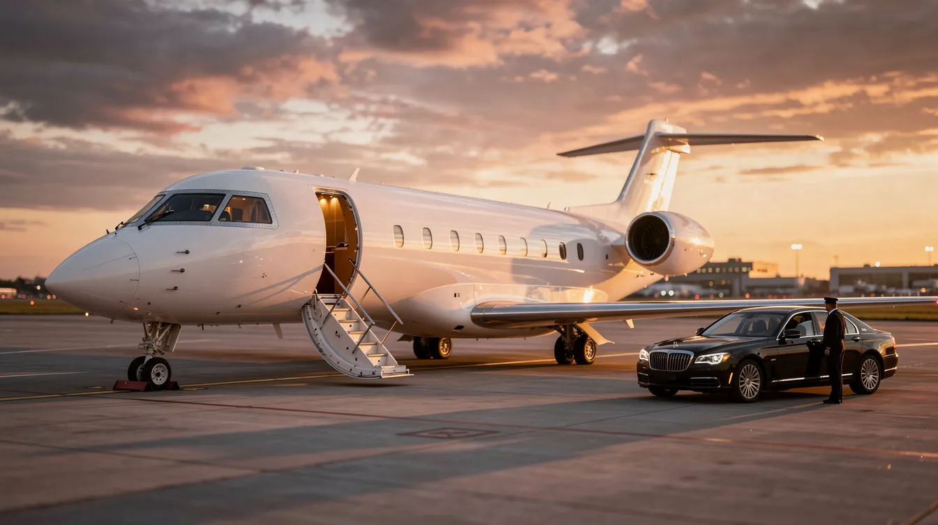 A sleek private jet is parked on the tarmac at sunset, with its stairs deployed and a luxury car waiting nearby, suggesting an exclusive travel experience reminiscent of first class service. The vibrant colors of the sunset create a stunning backdrop, enhancing the allure of flying first and business class.
