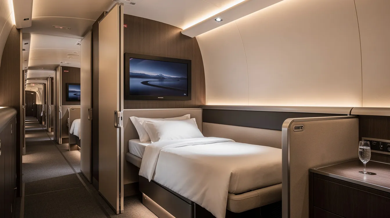 The image depicts a luxurious first class suite on a commercial airline, featuring privacy doors and a lie-flat bed, viewed from the aisle. The suite offers a spacious and comfortable environment, ideal for first class passengers seeking privacy and premium in-flight service.