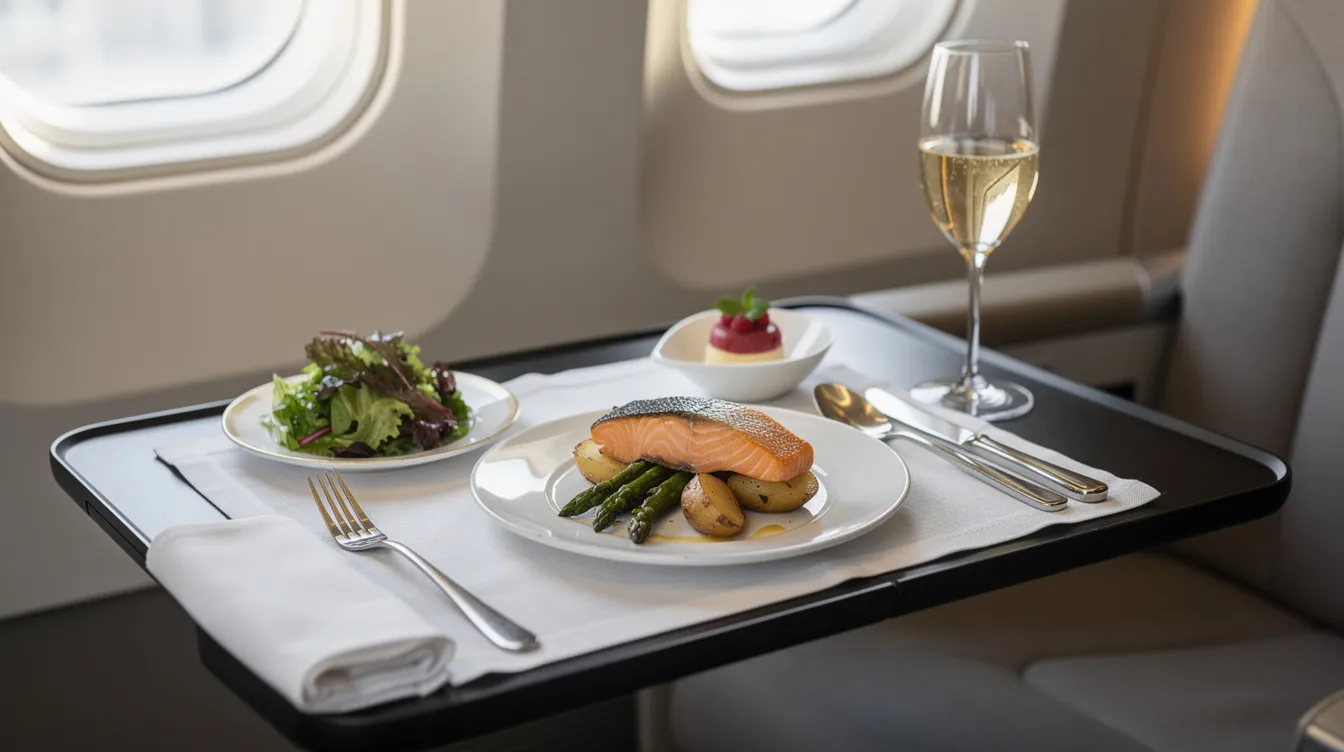 The image features an elegant in-flight dining tray showcasing a multi-course meal, complemented by a wine glass and a neatly folded linen napkin, indicative of the luxurious service offered in first class and business class cabins. This setup highlights the premium dining experience that first class passengers enjoy during their flights.