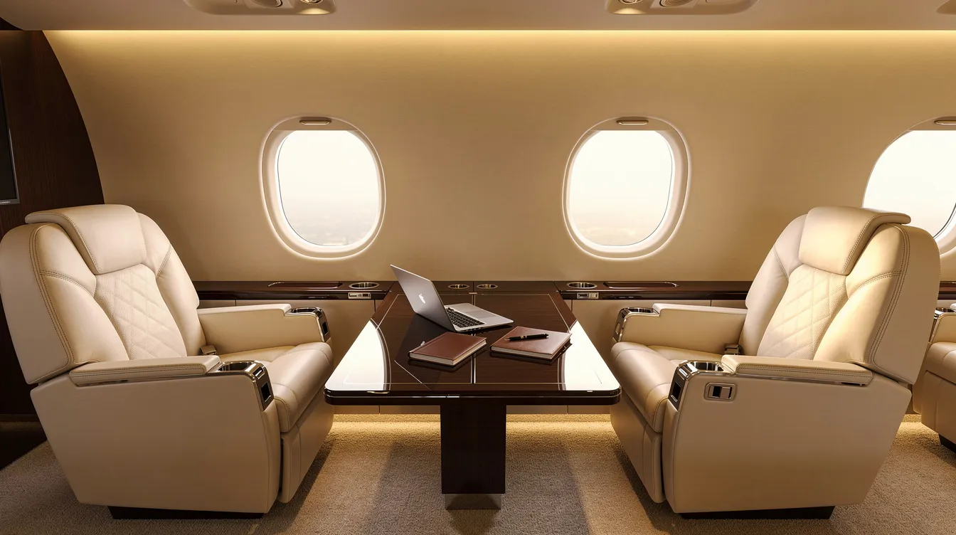 The image depicts the interior of a modern private jet cabin featuring cream leather seats, warm ambient lighting, and a sleek work table, creating an inviting atmosphere for business travelers. This luxurious setting is ideal for those seeking the best airline experience for their international trips.
